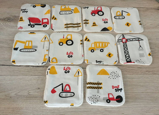 Washable baby wipes cotton diaper x10 construction vehicle