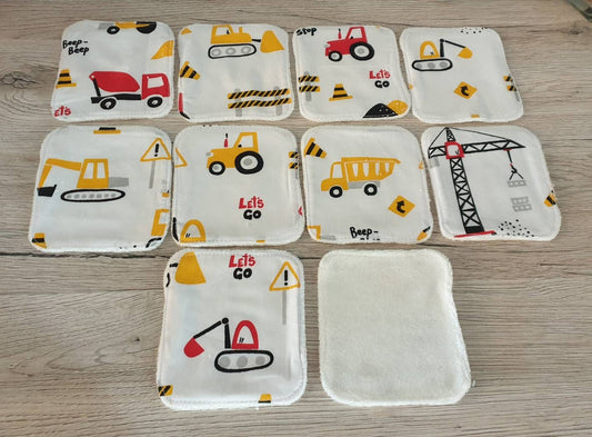 Washable baby wipes cotton diaper x10 construction vehicle