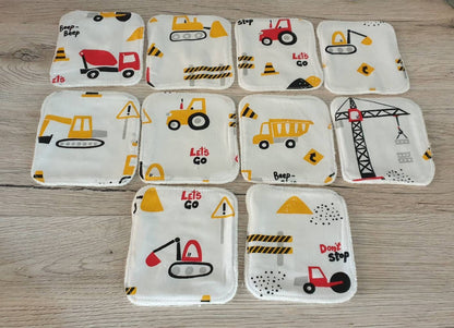 Washable baby wipes cotton diaper x10 construction vehicle
